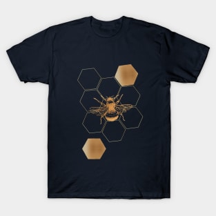 Gold Honey bee with hexagon on navy T-Shirt